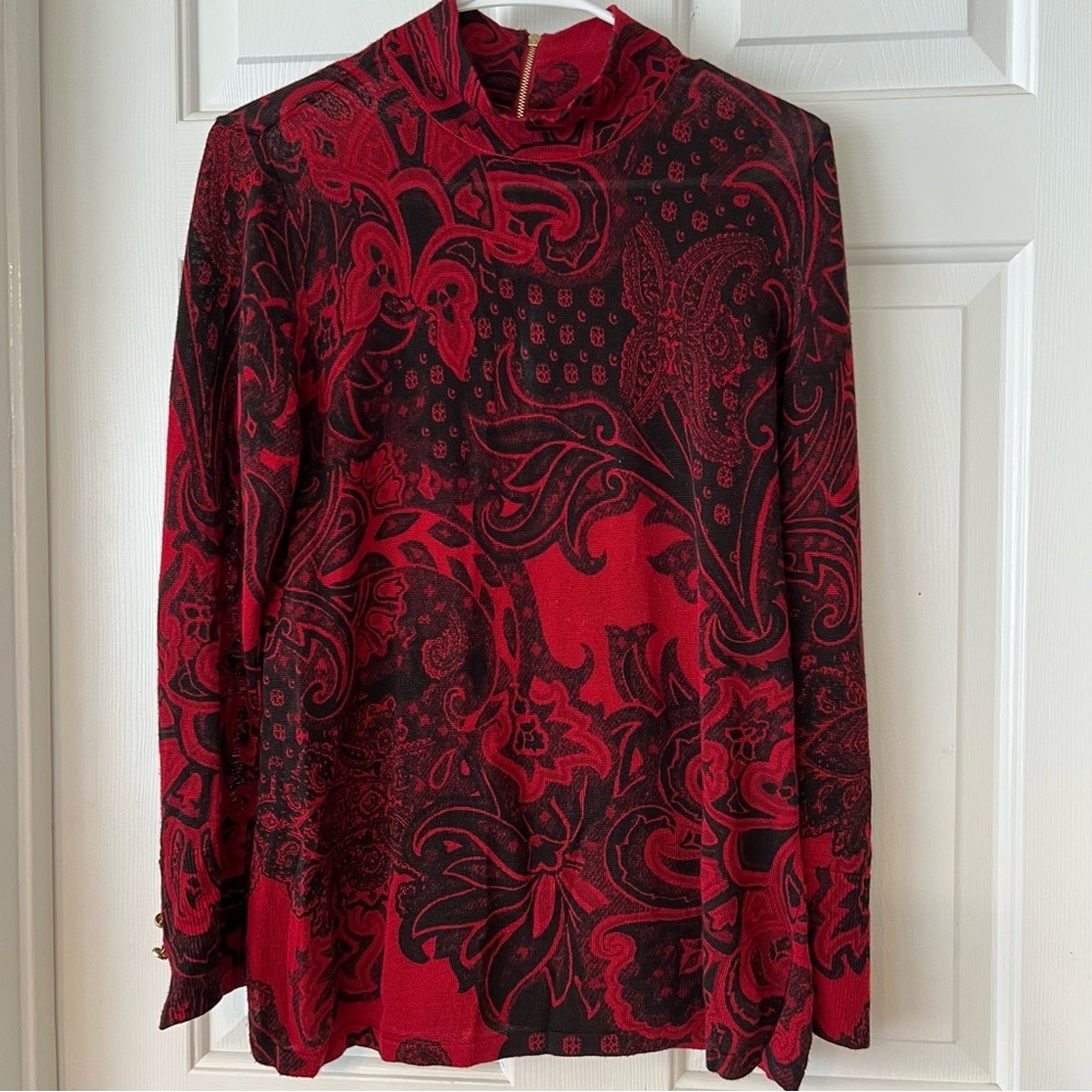 Chico's Red and Black Floral Long-Sleeve Sweater- Size M